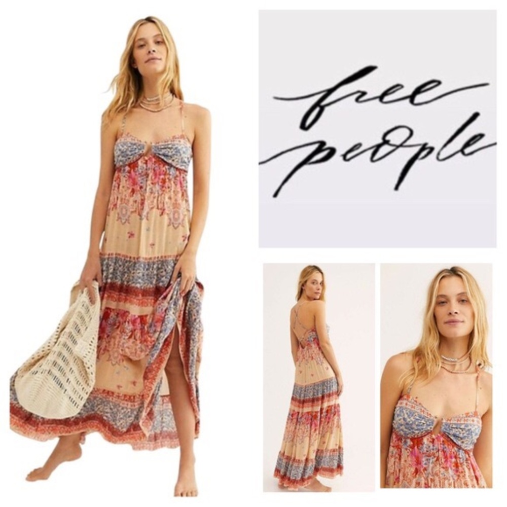 Free People Beige Multi Boho Maxi Dress